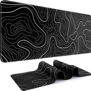 Large Gaming Mouse Pad with Anti-Slip Base - Black Topographic Design