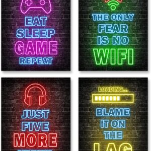 Neon Gamer Wall Art Set - 4 Prints for Boys' Rooms