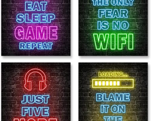 Neon Gamer Wall Art Set - 4 Prints for Boys'